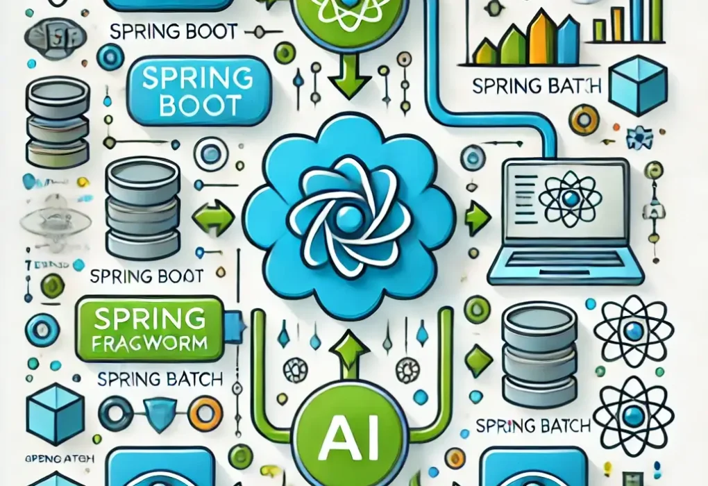 Spring AI in Java: Harnessing the Power of Artificial Intelligence Diagram showing Spring Boot, Data, Batch integrating with AI tools like TensorFlow and OpenAI, connected via arrows.