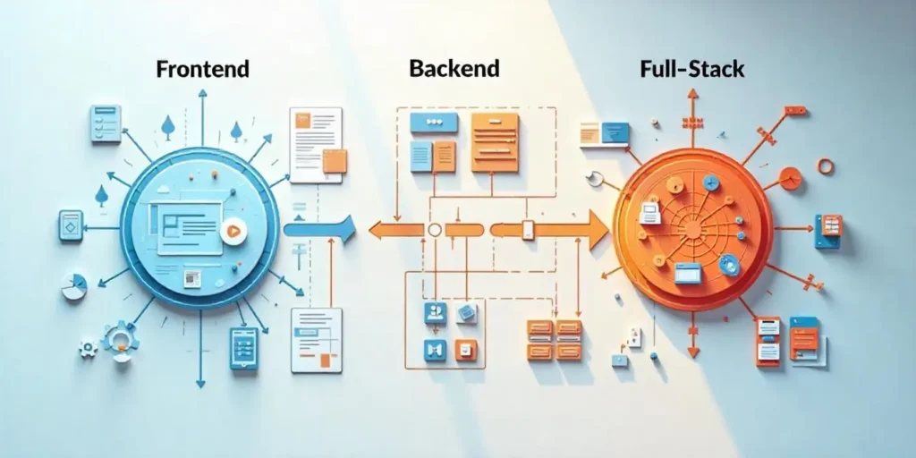 A concept illustration showing the distinction between frontend, backend, and full-stack development