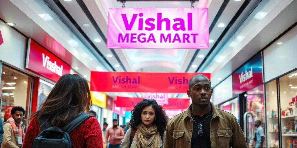 Vishal Mega mart text on a banner in the mall or mart